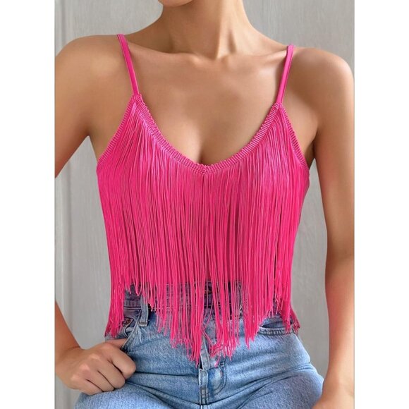 Women's Pink Fringe Tank Top Western Festival Clothing Cowgirl V Neck Outfits - Picture 7 of 7
